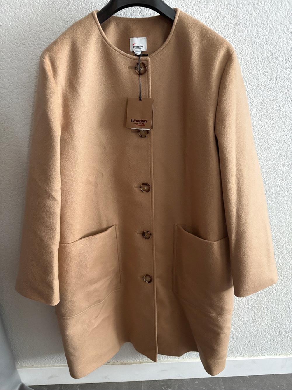 BNWT Burberry Camel Collarless Wool/Cashmere Blend Pea Coat
